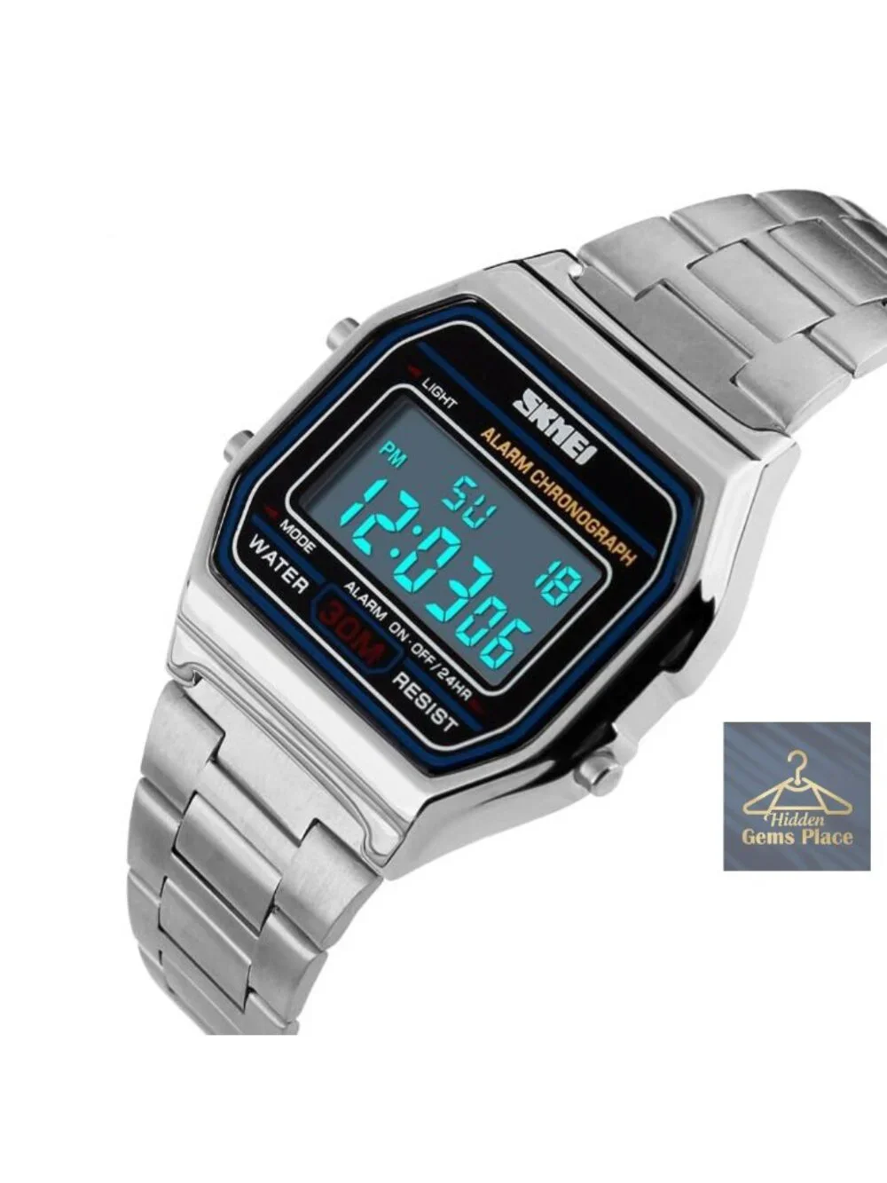 Men's Digital Wrist Watch Stainless Steel Band 30M Water Resistant Square LED